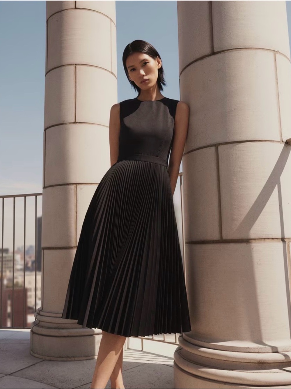 Theory Black Pleated Midi Dress in Sleek Poplin Size 8